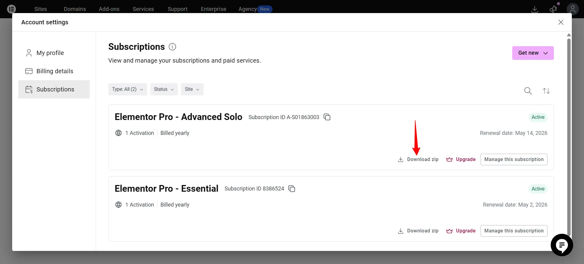 Bilde av hvor du finner nedlastings linken til Elementor Pro pluginen i Elementor