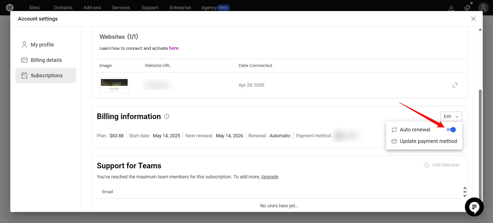 Bilde av hvordan du slår på automatisk fornyelse av abonnementet hos Elementor 