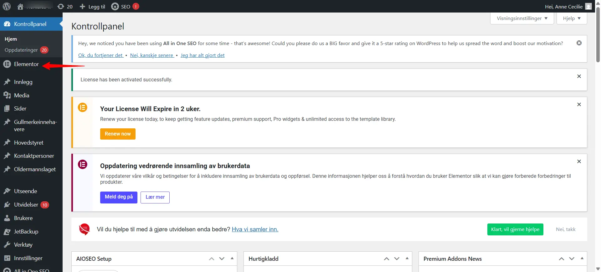Bilde av Elementor fanen i Wordress