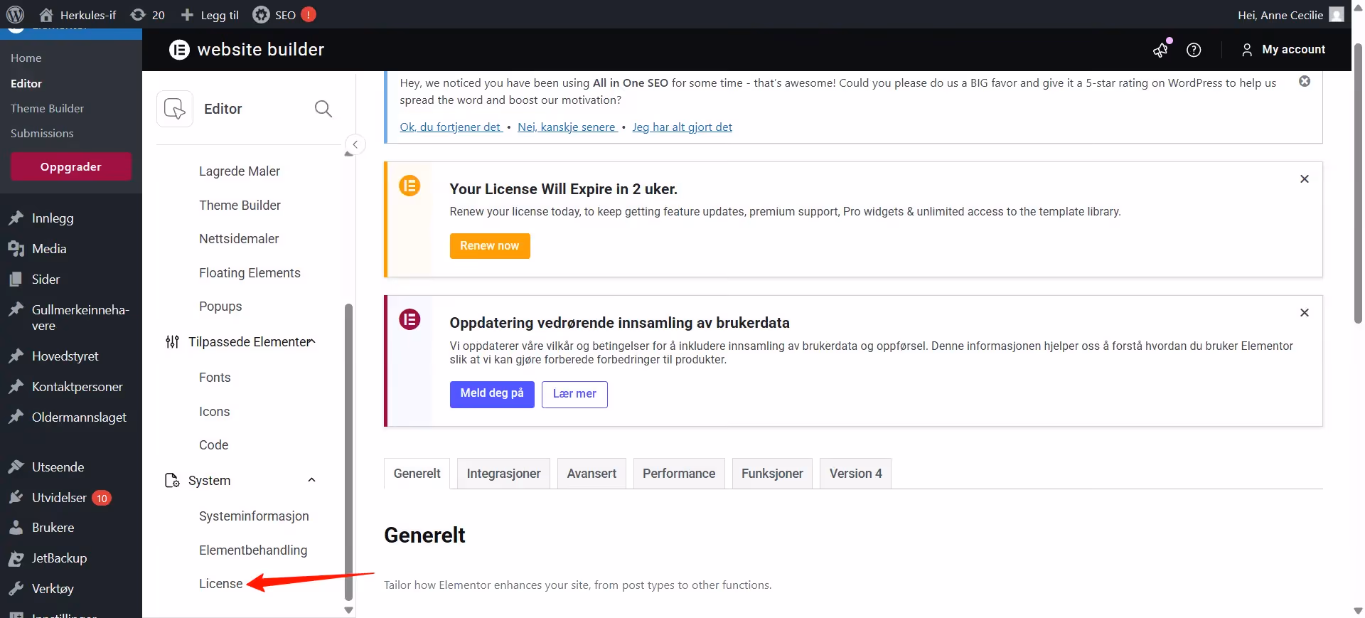 Bilde av hvor du finner fanen for å legge inn en lisens for Elementor Pro, i Wordpress