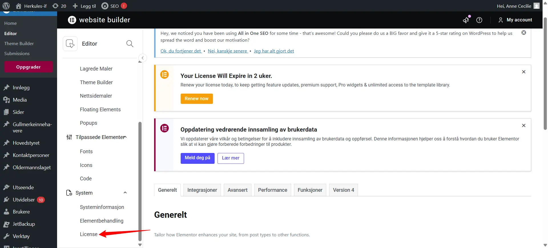 Bilde av hvor du finner fanen for å legge inn en lisens for Elementor Pro, i Wordpress
