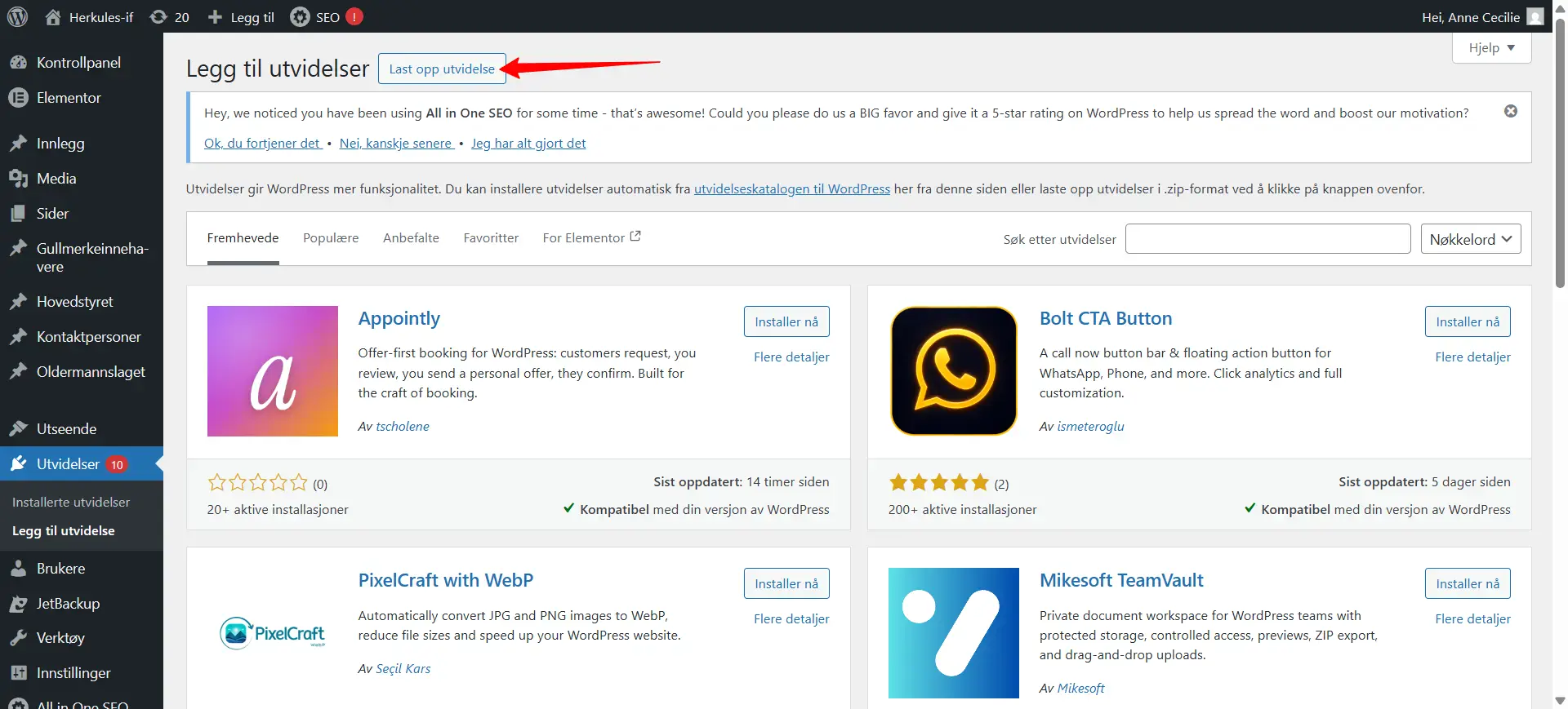 Bilde av hvor du finner knappen for å laste opp en plugin i Wordrpess
