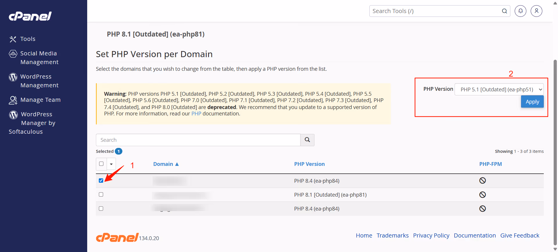 Bilde av MultiPHP panelet i Cpanel der du kan endre PHP versjon for en nettside