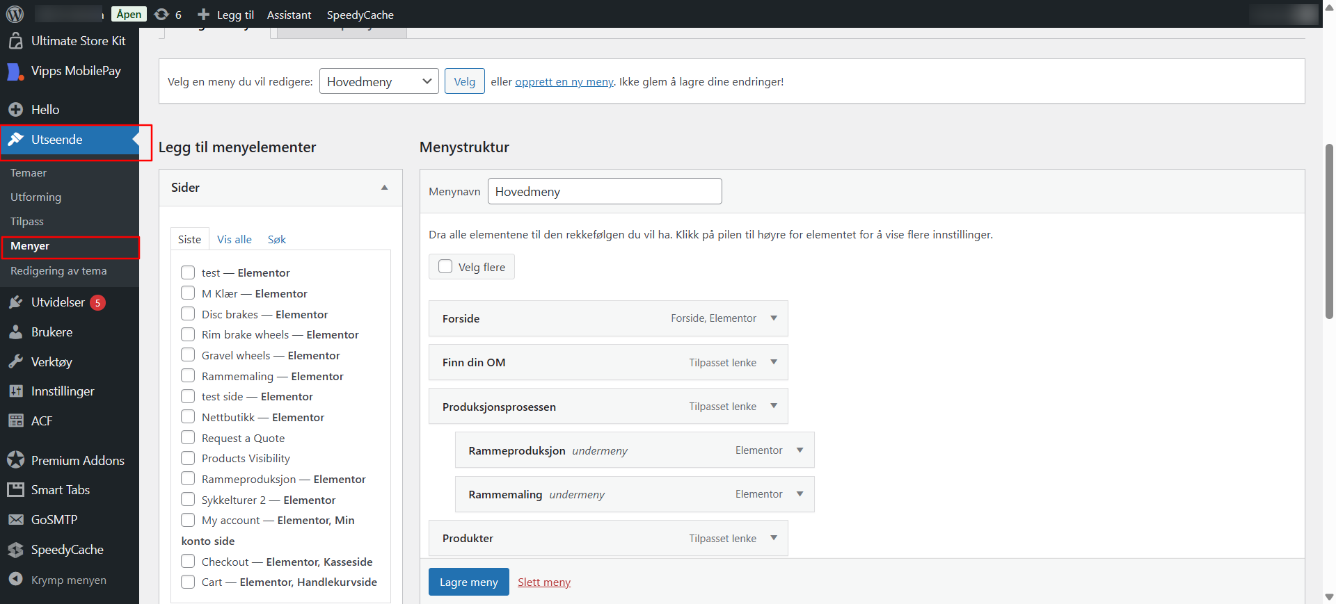 Bilde av hvor du finner meny fanen i Wordpress
