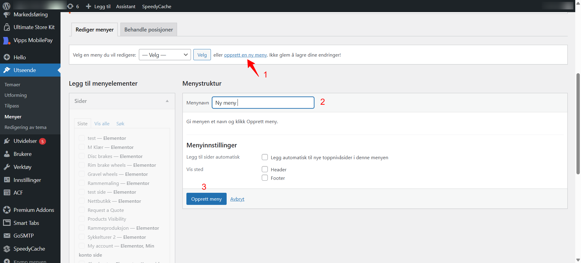 Bilde av hvordan du oppretter en ny meny i Wordpress