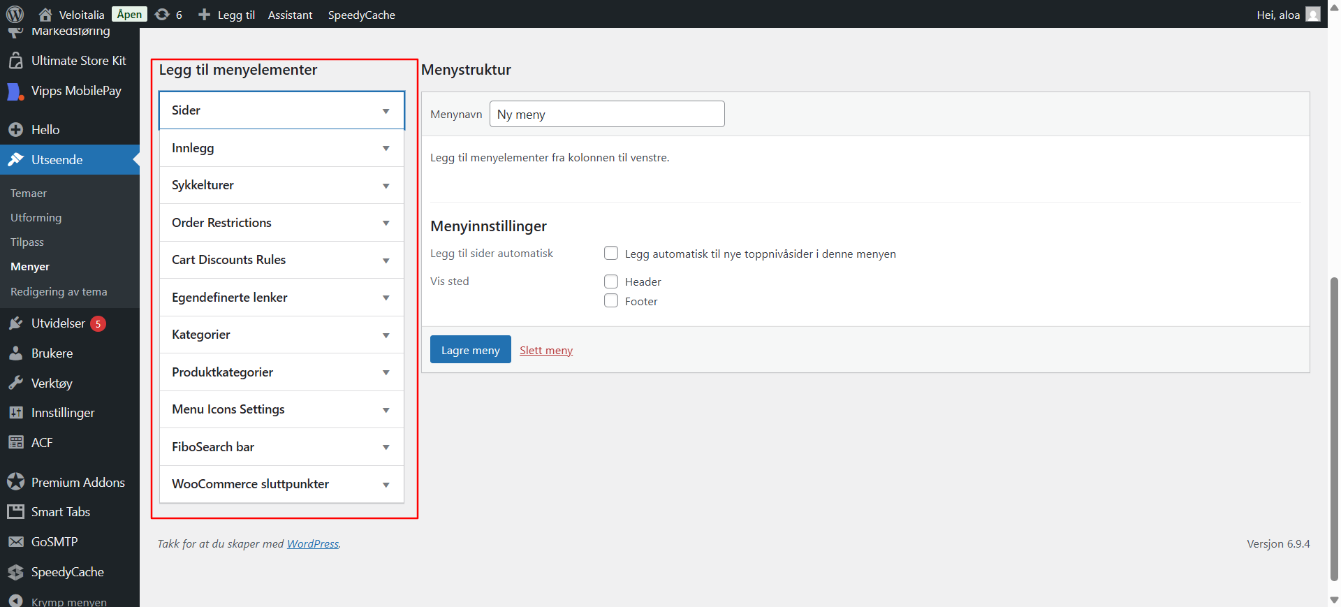 Bilde av hvor du finner menyelementene du legger til i en meny, i Wordpress