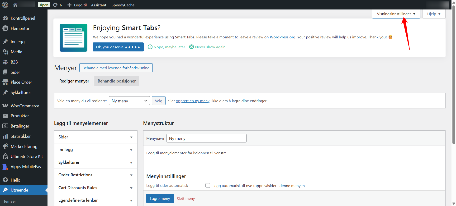 Bilde av hvor du finner visningsinnstillinger i meny panelet i Wordpress