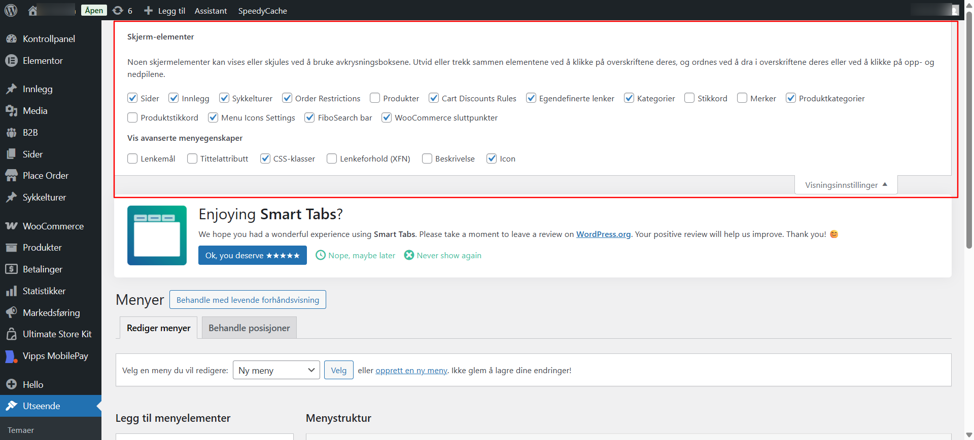 Bilde av visningsinnstillingene i Meny panelet i Wordpress