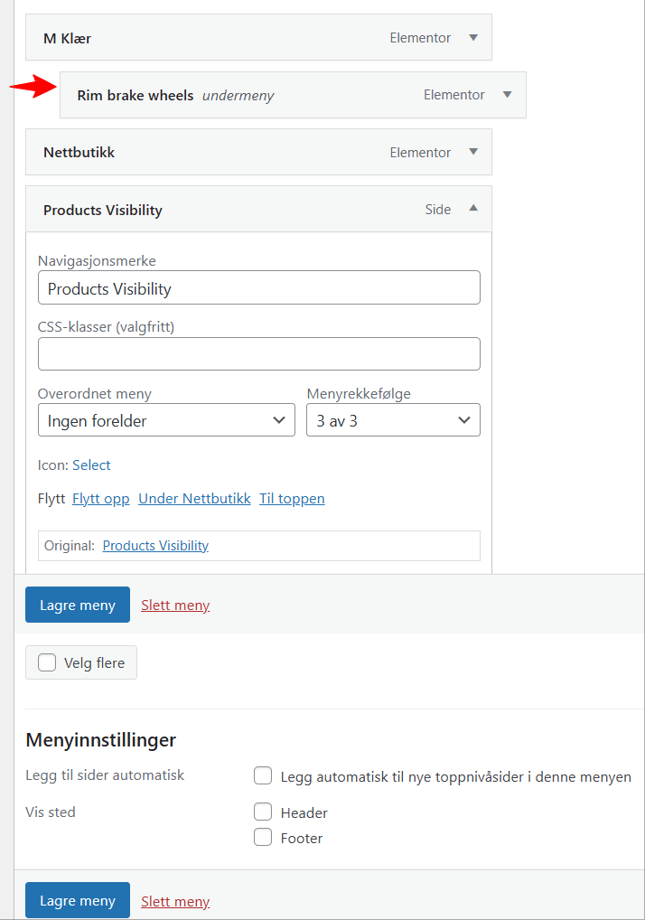 Bildet viser en menyknapp som ligger som underside i en dropdown i meny panelet i Wordresll. Viiser at knappen ligger et hakk inn mot høyre.