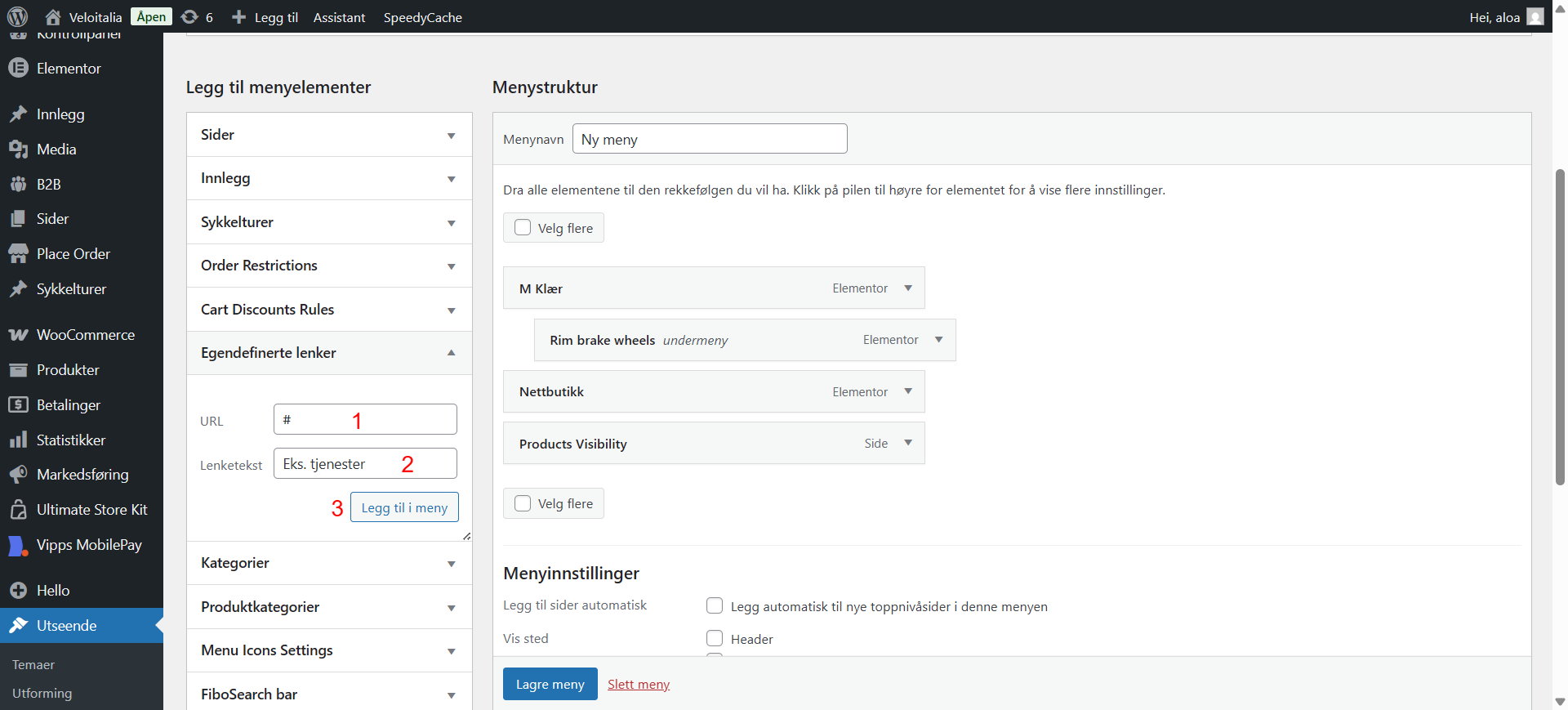 Bildet viser hvordan du oppretter en nedtrekksmeny med en egendefinert lenke i Meny panelet i Wordpress