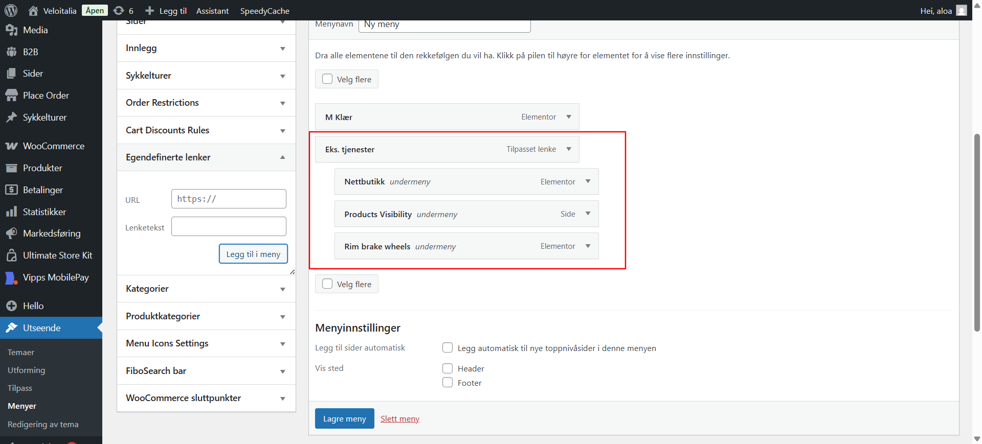 Bildet viser hvordan det ser ut når man har laget en nedtrekksmeny i meny panelet i Wordpress