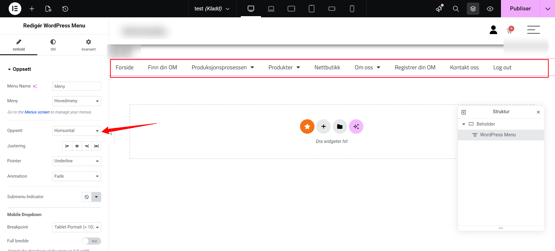 Bildet viser hvordan du velger en horisontal meny i Elementors meny widget