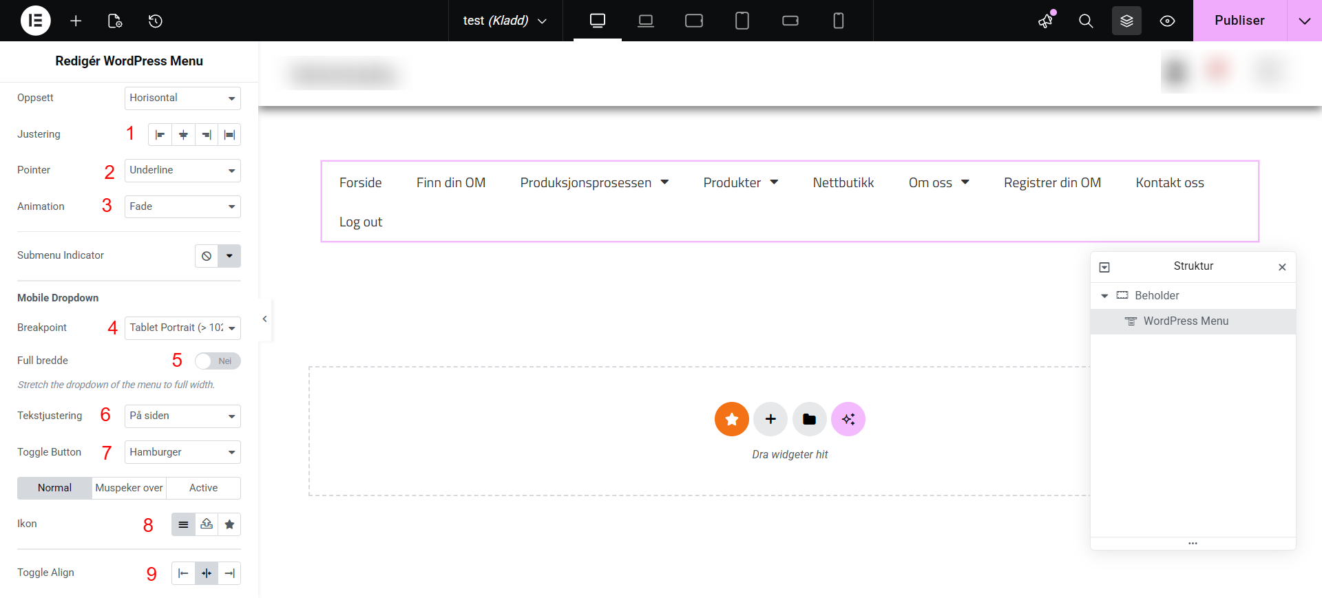 Bildet viser valgene du har i settingene for Elementors meny widget. Valgene er nummerert fra 1 - 9