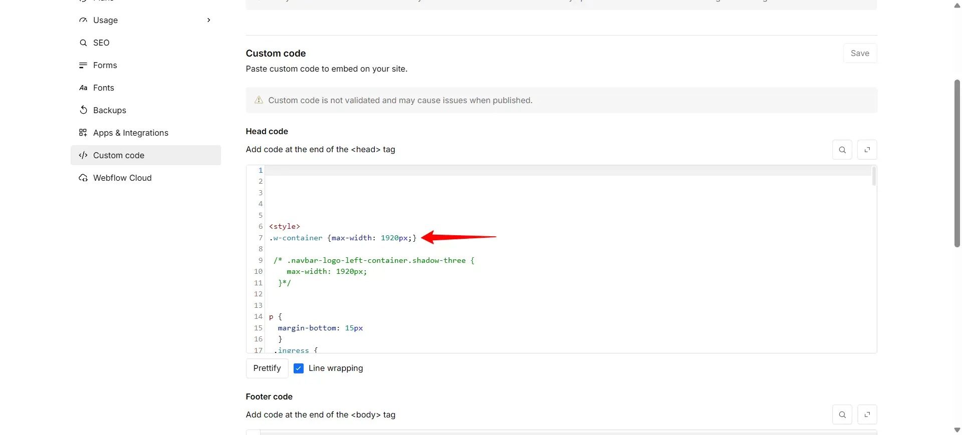 CSS for nettsidens bredde i CMS systemet Webflows site settings, custom code