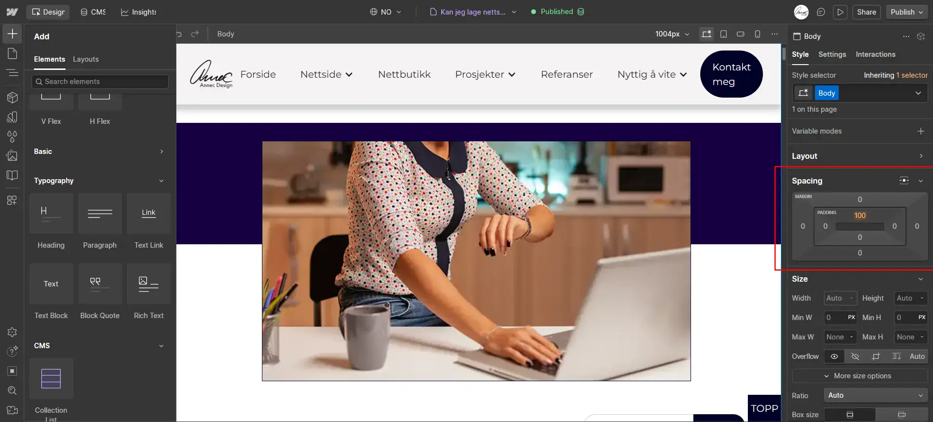 Settinger for padding og margin i style panelet til Webflow
