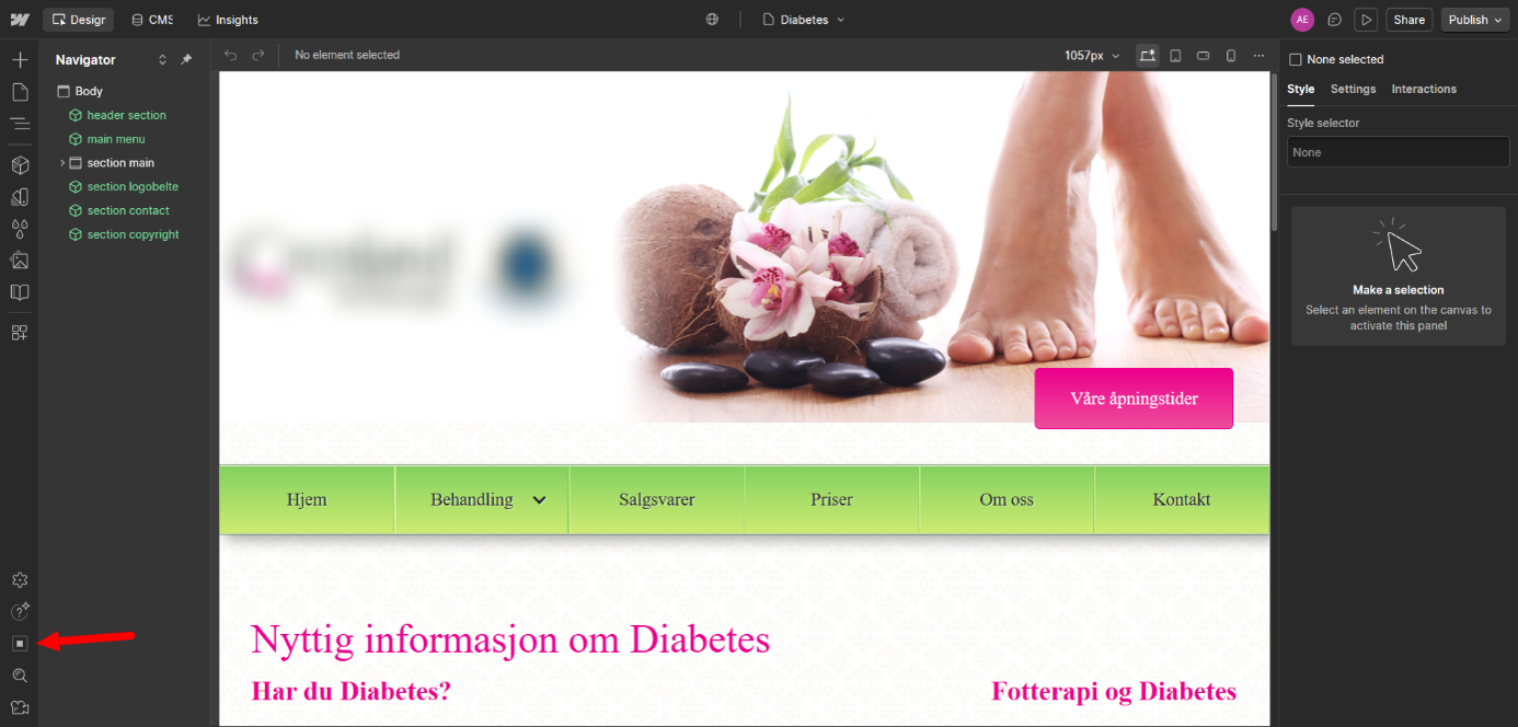 Webflows designpanel og en rød pil som viser hvor du finner Webflow Audit panelet