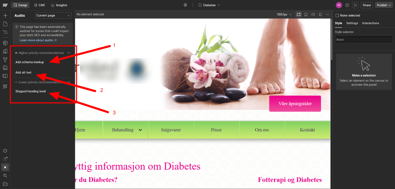Webflow audit panel som viser ting som trenger å gjøres of å optimalisere nettsiden for søkemoktorene.