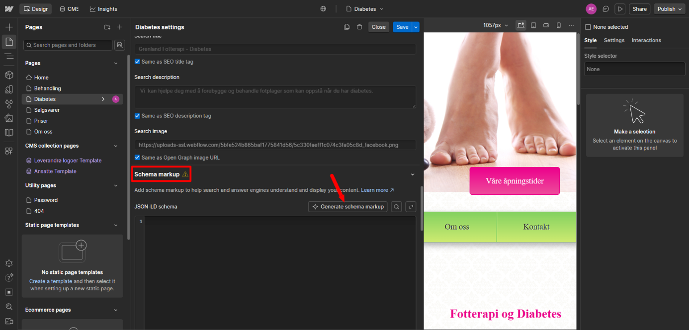 Webflows audit panel som viser hvor man genererer schema markup for en side.