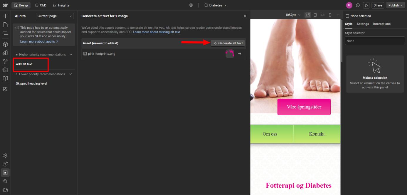 Webflows audit panel som viser hvordan du genererer en alt tekst for et bilde.