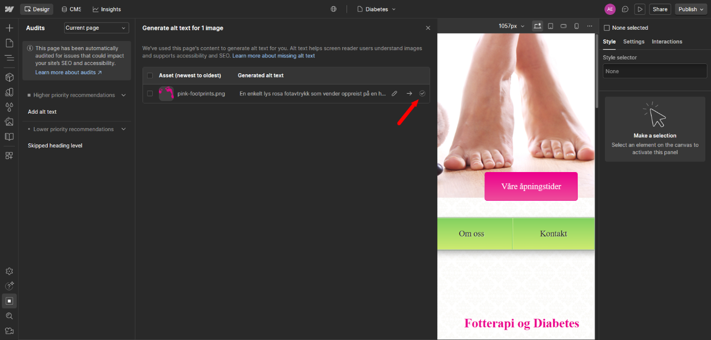 Webflows audit panel som viser hvordan du godtar en AI generert alt tekst for et bilde.