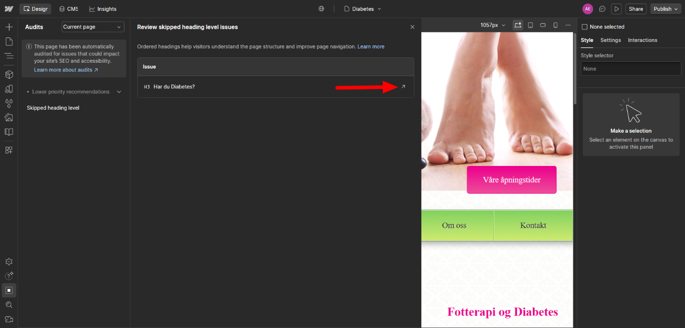 Webflows audit panel som viser hvor du endrer til riktig heading level.