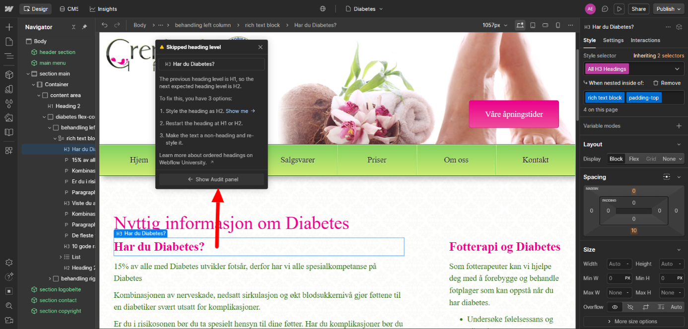 Webflow popup som forteller hvordan du kan rette en feil i audit panelet.