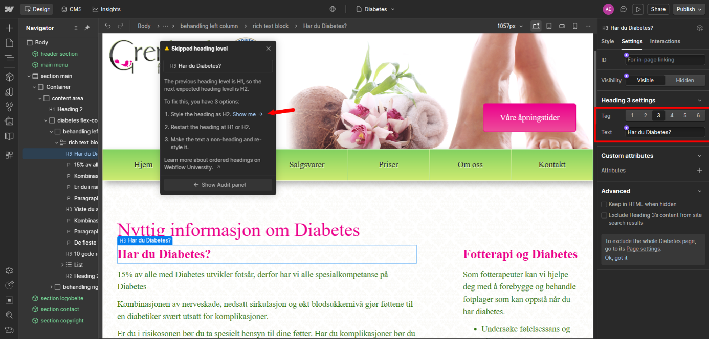 Webflow popup som viser hvor du får audit panelet til å vise stedet der du kan rette feilen.