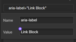 Liten boks som viser hvordan du skriver inn aria labelen for en Link Block i Webflow