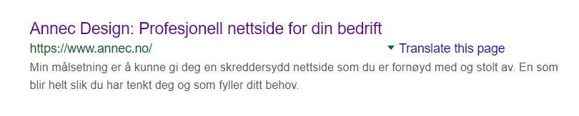 Hvordan metadata ser ut på Google med lilla overskrift, grønn url og tekst under.