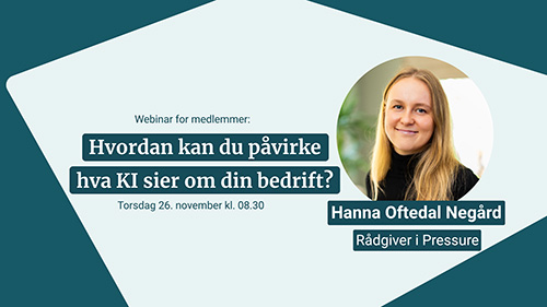 Banner med grafikk og bilde av rådgiveren i byrået Pressure 