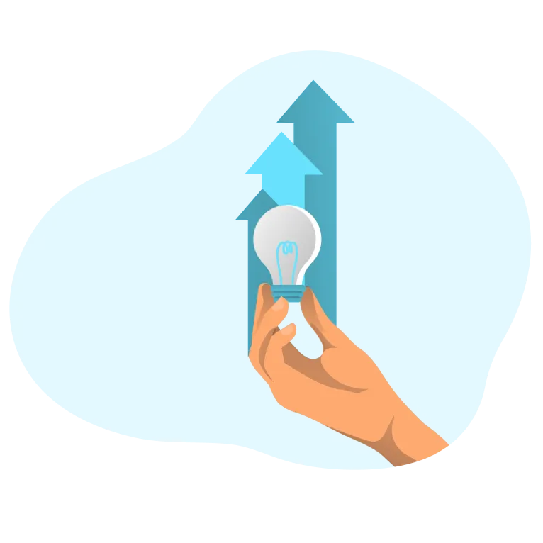 A hand holding a bulb with arrows upward