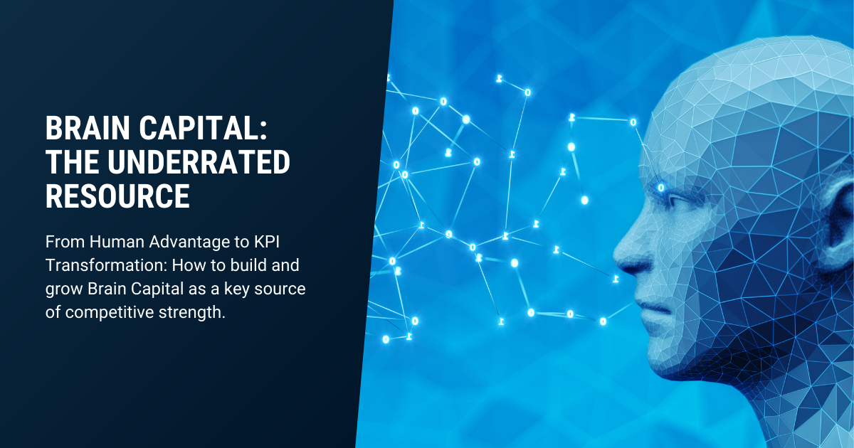 Human head with data network visualizing Brain Capital as a strategic production factor driving human advantage and measurable value.