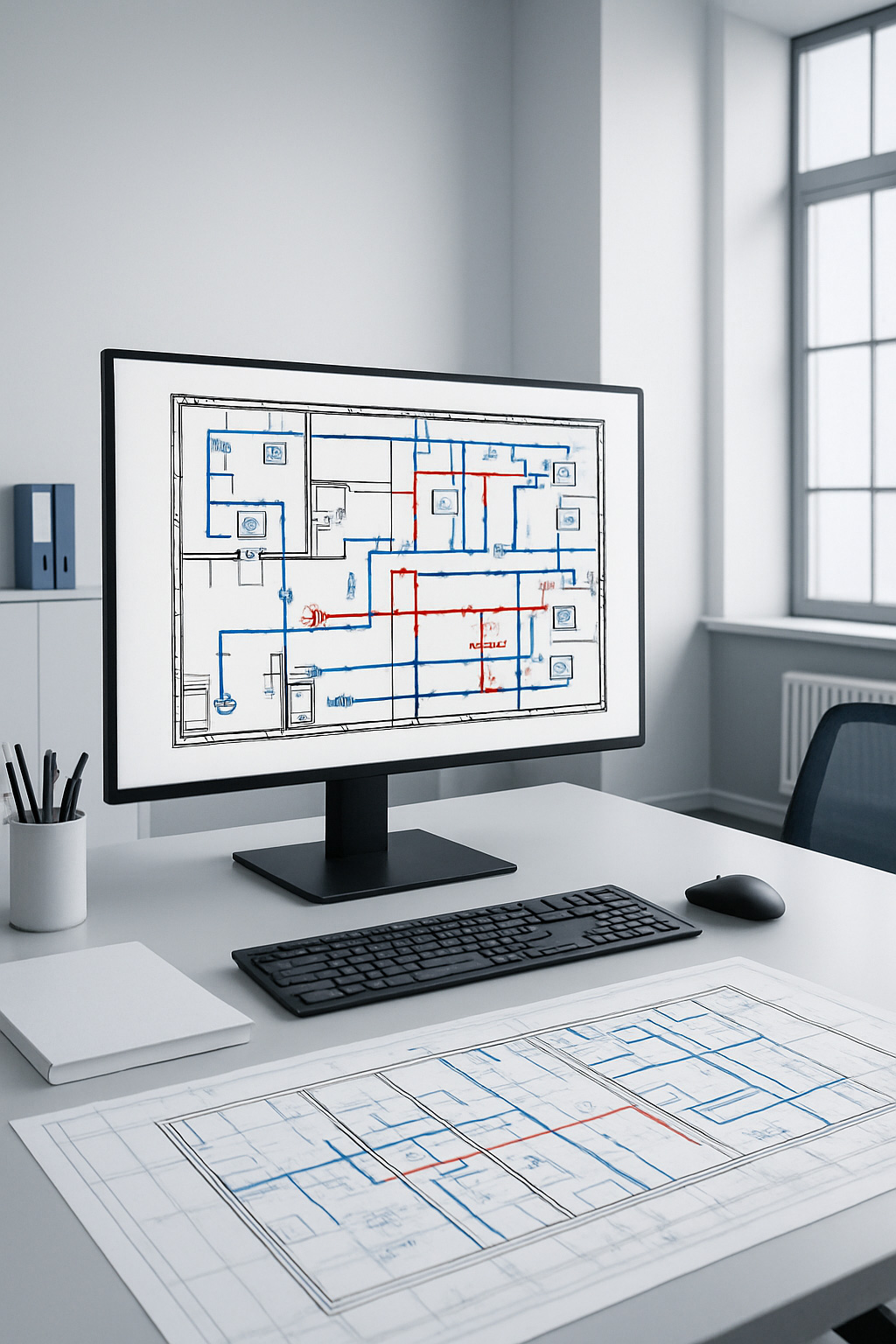 Computerbildschirm mit Zeichnung auf einem Schreibtisch platziert