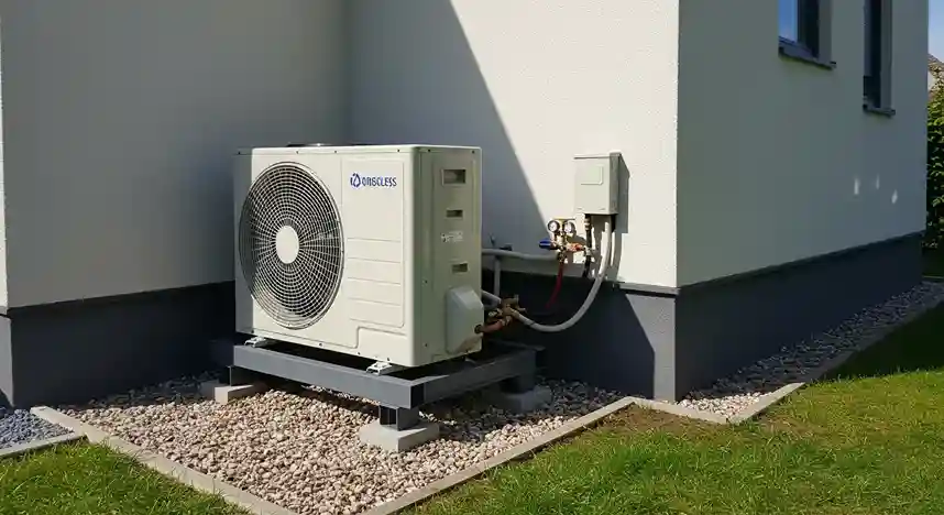 An outdoor mini-split unit on a stand beside a white and gray house.