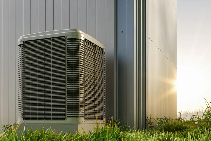 An outdoor central air conditioning unit next to a building with light siding.