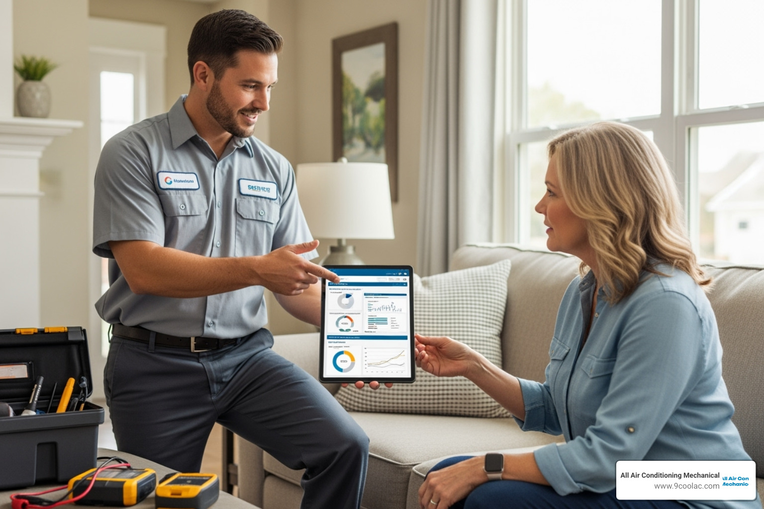 friendly technician explaining a report to a homeowner - ac inspection broward