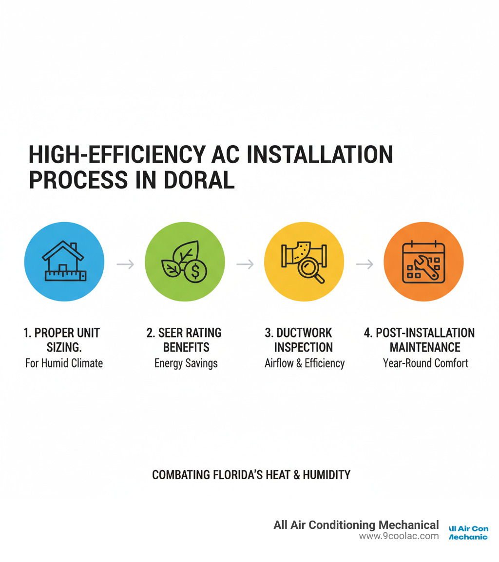 Infographic showing the components of a high-efficiency AC installation process in Doral, including proper unit sizing for humid climate, SEER rating benefits for energy savings, ductwork inspection requirements, and post-installation maintenance schedule to combat Florida's year-round heat and humidity - ac installation doral infographic 