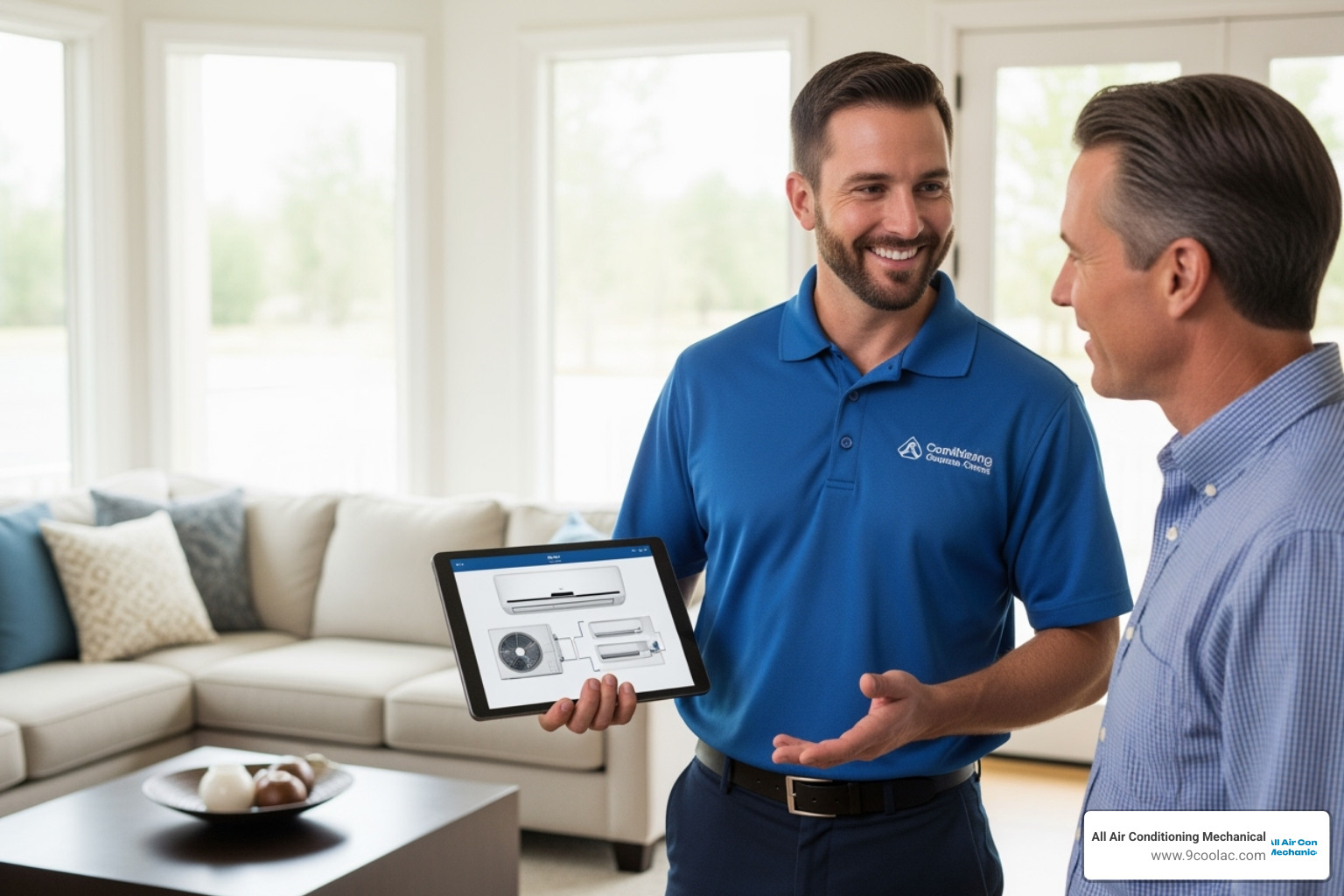 a friendly technician discussing options with a homeowner - ac installation doral