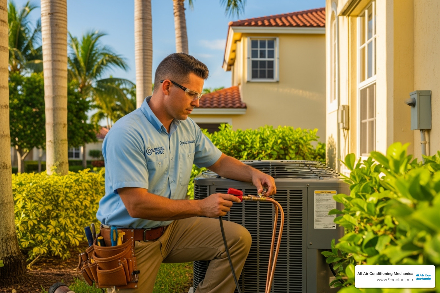 a technician carefully installing an outdoor AC unit - ac installation doral