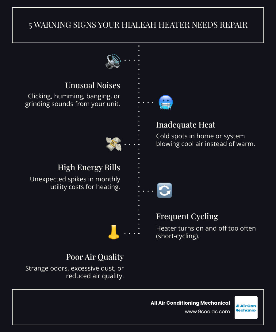Comprehensive infographic showing 5 warning signs your Hialeah heating system needs repair: unusual clicking or humming noises from the unit, inadequate heat or cold spots throughout the home, dramatically increased energy bills, frequent on-off cycling of the system, and poor indoor air quality or strange odors, with visual icons and brief explanations for each sign - heating repair hialeah infographic infographic-line-5-steps-dark Comprehensive infographic showing 5 warning signs your Hialeah heating system needs repair: unusual clicking or humming noises from the unit, inadequate heat or cold spots throughout the home, dramatically increased energy bills, frequent on-off cycling of the system, and poor indoor air quality or strange odors, with visual icons and brief explanations for each sign - heating repair hialeah infographic infographic-line-5-steps-dark