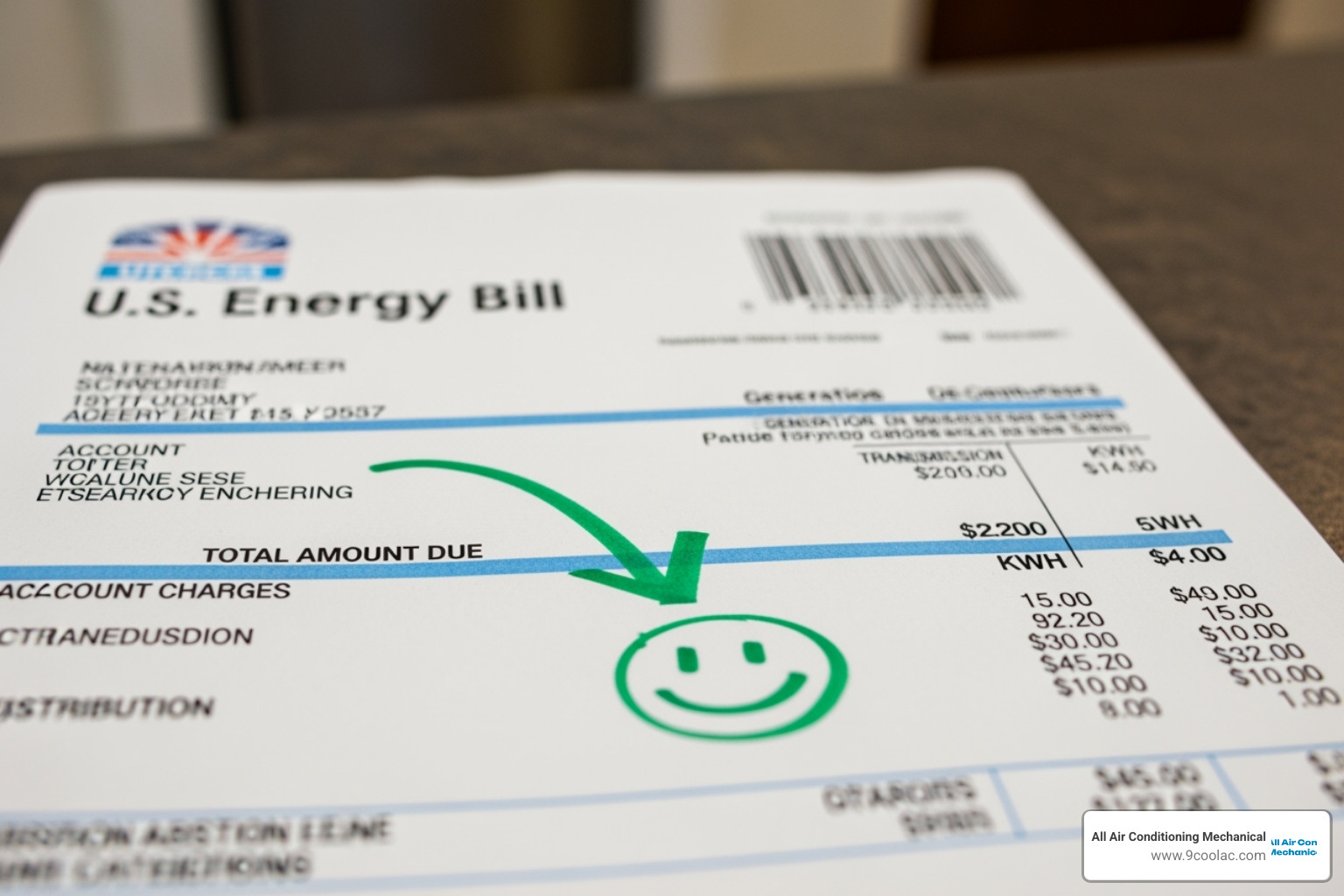 An energy bill with a smiley face and a downward arrow, symbolizing savings - ac maintenance doral