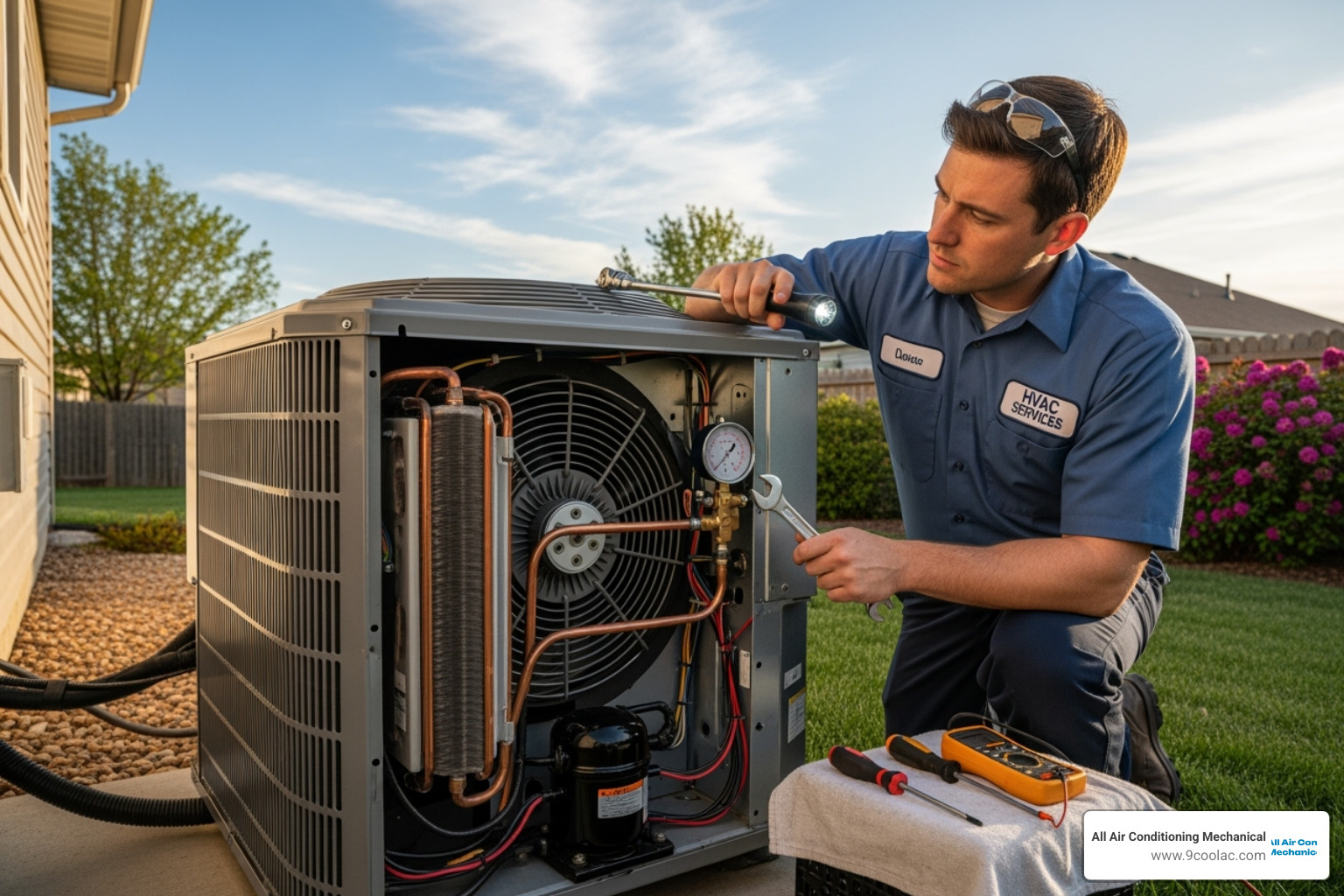 A uniformed technician inspecting an AC unit's internal components - ac maintenance doral