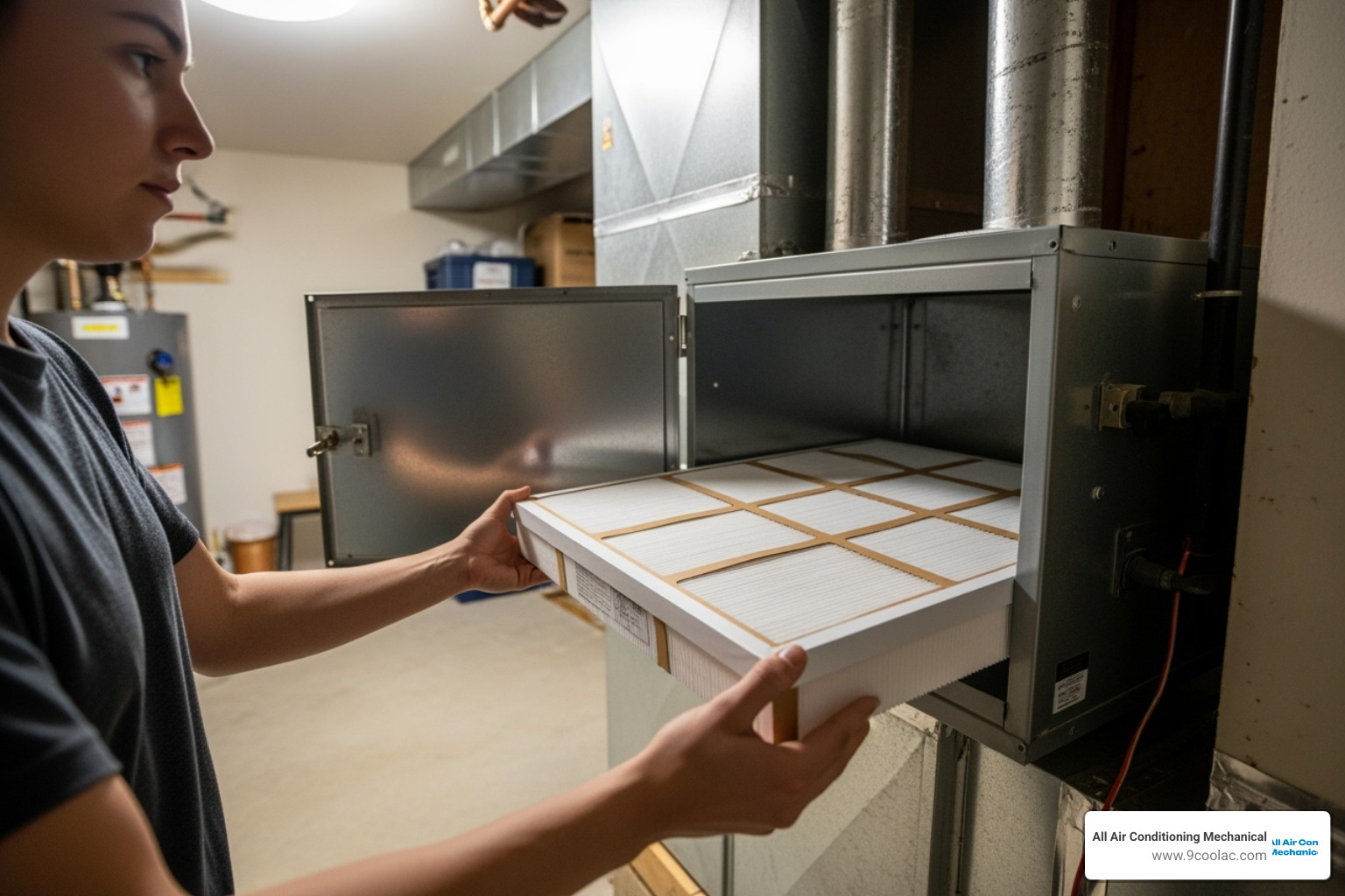 A homeowner easily sliding a clean new filter into an air handler - ac maintenance doral
