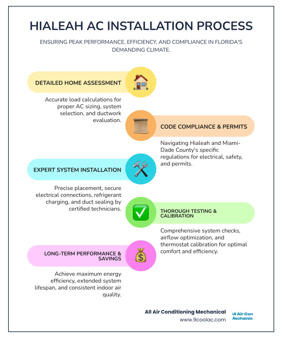 Comprehensive infographic showing the AC installation process in Hialeah, including proper system sizing calculations, local code compliance requirements, energy efficiency benefits, and the step-by-step professional installation timeline from consultation through final testing - ac installation hialeah infographic infographic-line-5-steps-colors
