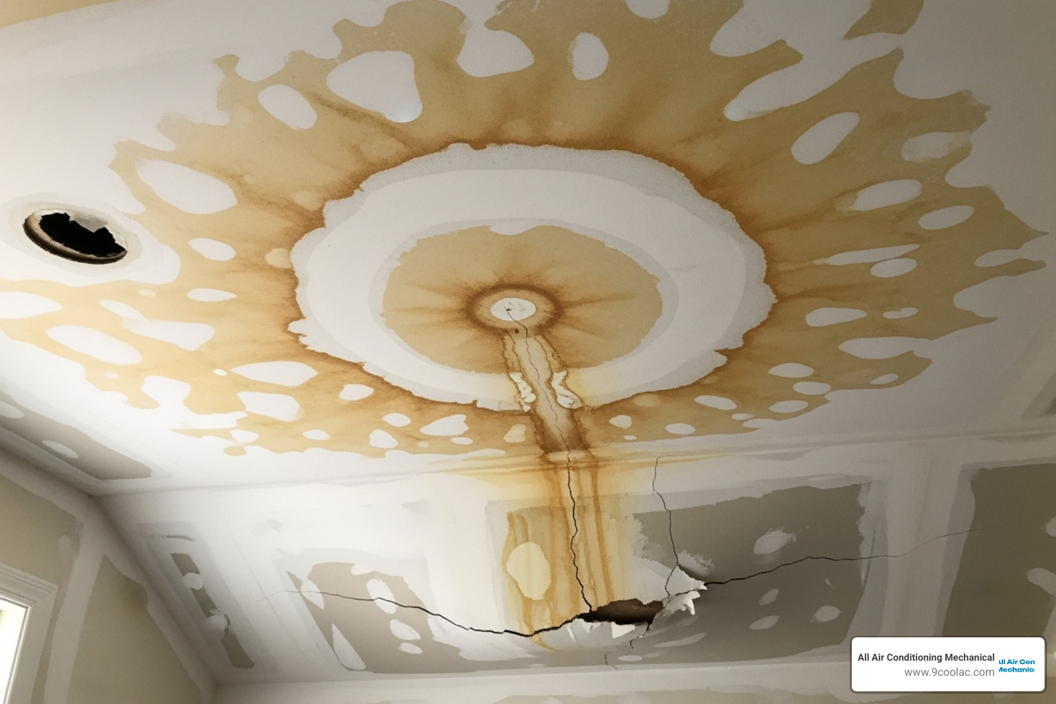 water damage on a ceiling below an air handler - ac installation hialeah