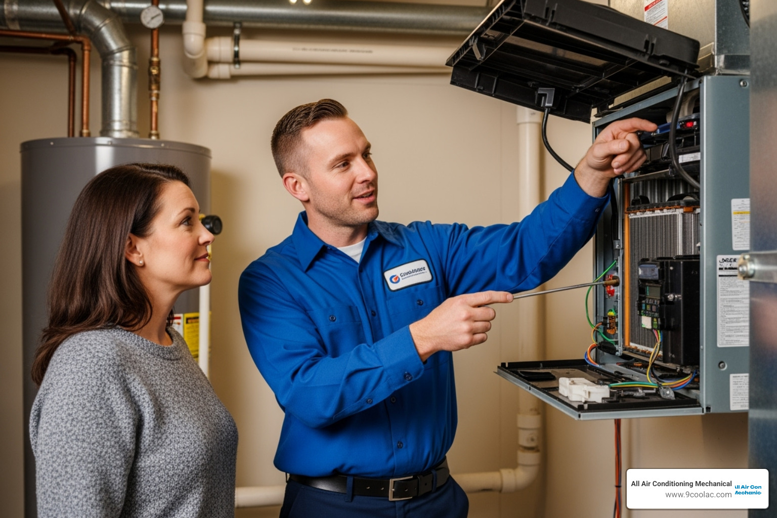 technician explaining an AC system to a homeowner - ac installation hialeah