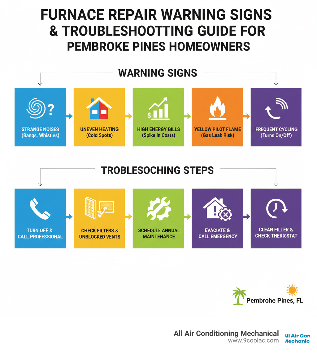 Comprehensive guide showing furnace repair warning signs including strange noises, uneven heating, high energy bills, yellow flames, and frequent cycling, with troubleshooting steps for Pembroke Pines homeowners - furnace repair pembroke pines infographic 