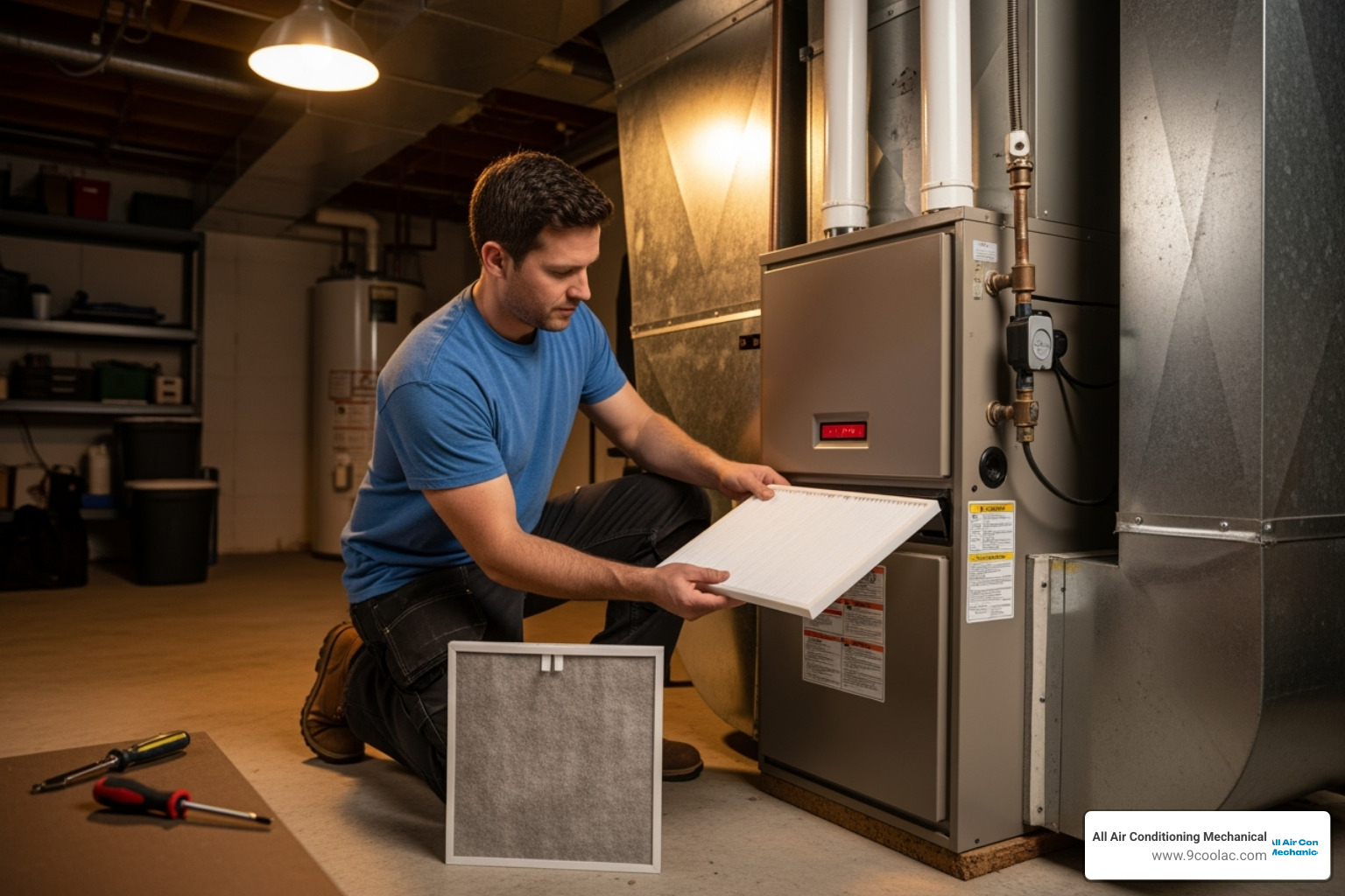 a homeowner checking their furnace filter - furnace repair pembroke pines