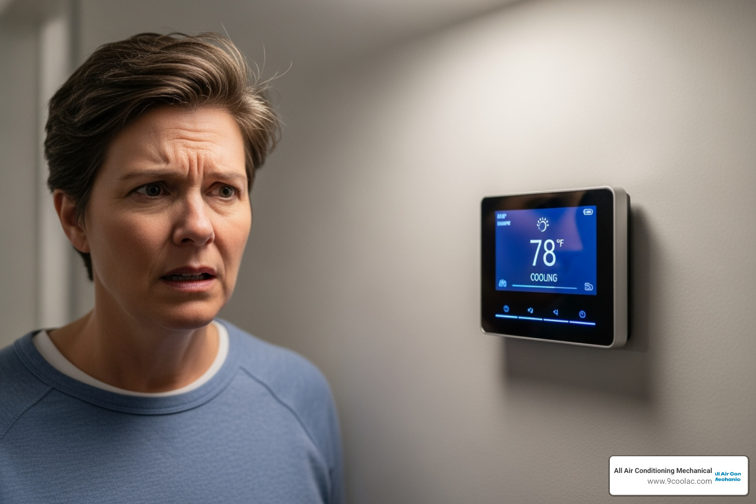 homeowner looking concerned at their thermostat - heat pump repair hialeah