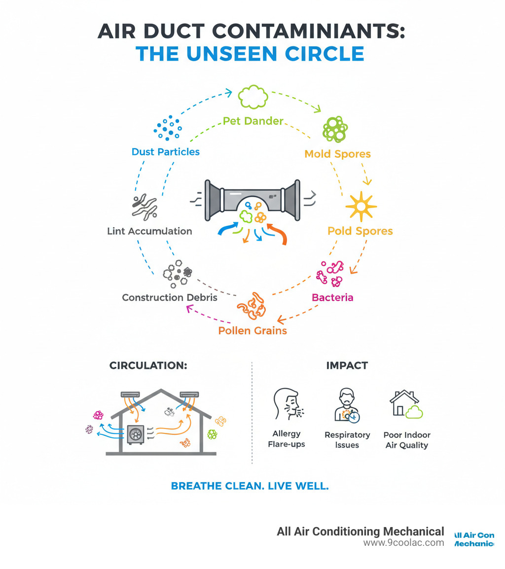 Infographic showing common air duct contaminants including dust particles, pet dander, mold spores, pollen grains, bacteria, construction debris, and lint accumulation with visual representations of how these contaminants circulate through HVAC systems and impact indoor air quality - air duct cleaning medley infographic 